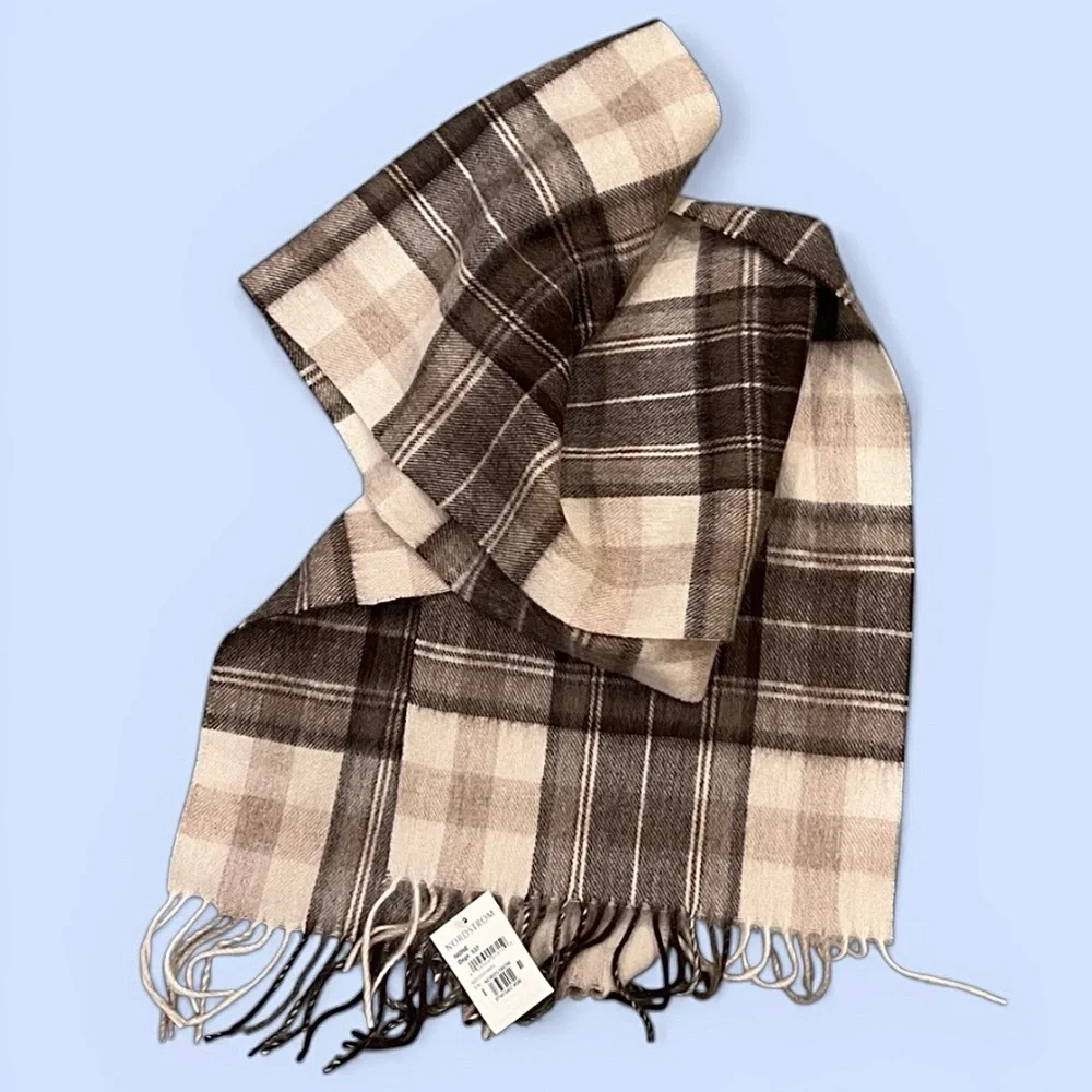 Nordstrom Tartan Plaid 100% Wool Muffler Scarf‎ Fringe NWT Brown, Cream